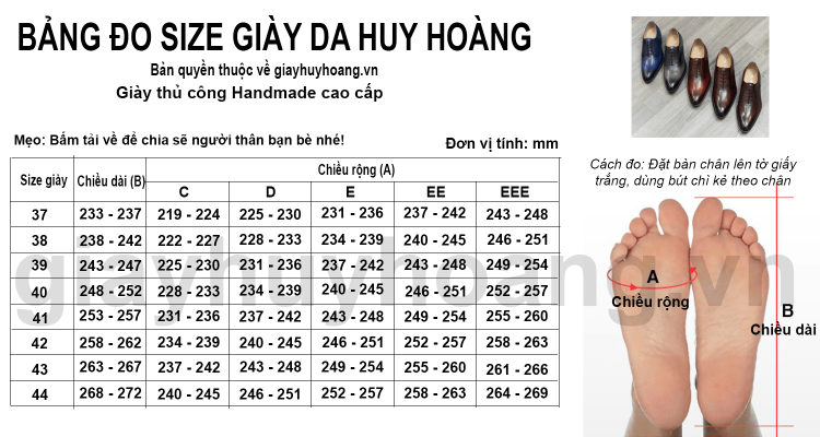 Bảng đo size giày da Việt Nam chuẩn nhất