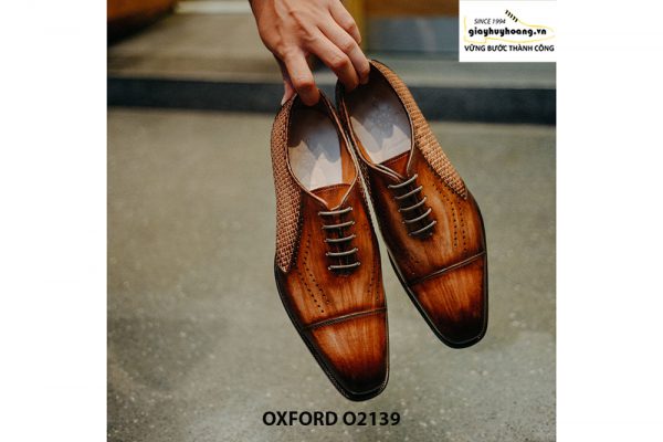 Giày tây nam da đan xen kết hợp da bê Oxford O2139 001
