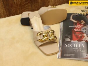 [Size 37] Dép da bò nữ cao gót 6.5cm hồng Female 33C2 005