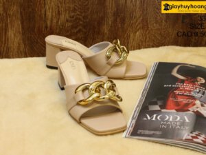 [Size 37] Dép da bò nữ cao gót 6.5cm hồng Female 33C2 001