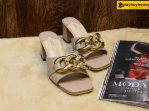 [Size 37] Dép da bò nữ cao gót 6.5cm hồng Female 33C2 003