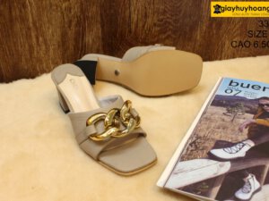 [Size 37] Dép da bò nữ cao gót 6.5cm xám Female 33C2 004