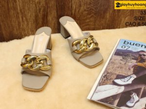 [Size 37] Dép da bò nữ cao gót 6.5cm xám Female 33C2 002