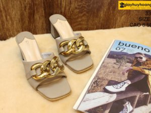 [Size 37] Dép da bò nữ cao gót 6.5cm xám Female 33C2 001