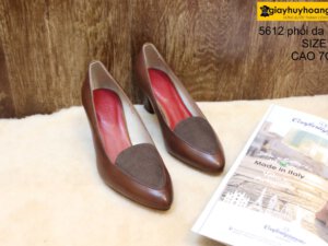 [Size 36] Giày da nữ phối da lộn cao gót 7cm nâu Female 5612 001