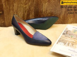 [Size 38.39] Giày da nữ phối da lộn cao gót 7cm navy Female 5612 005