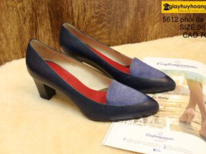 [Size 38.39] Giày da nữ phối da lộn cao gót 7cm navy Female 5612 001