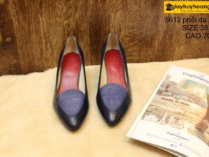 [Size 38.39] Giày da nữ phối da lộn cao gót 7cm navy Female 5612 002