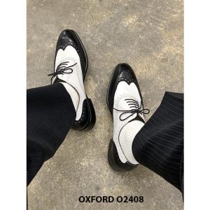Giày da nam thời trang đen phối trắng Wingtips Oxford O2408 004