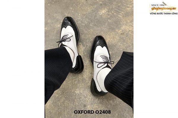 Giày da nam thời trang đen phối trắng Wingtips Oxford O2408 004