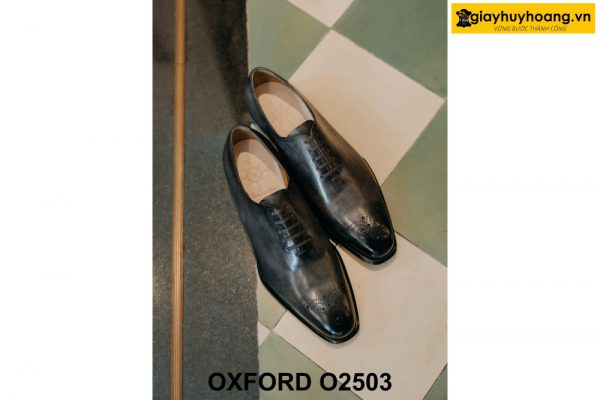 Giày da nam trơn màu xám đen patina Oxford O2503 004