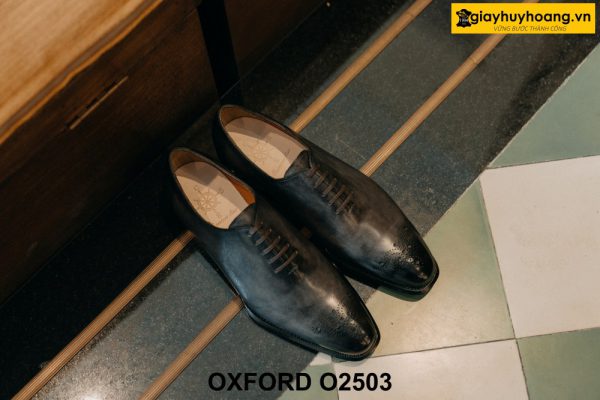 Giày da nam trơn màu xám đen patina Oxford O2503 001