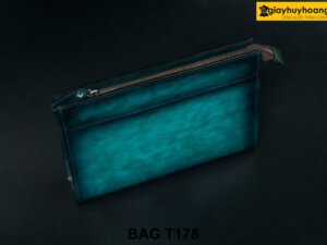 Túi ví cầm tay da bò màu xanh Patina đen T178 004