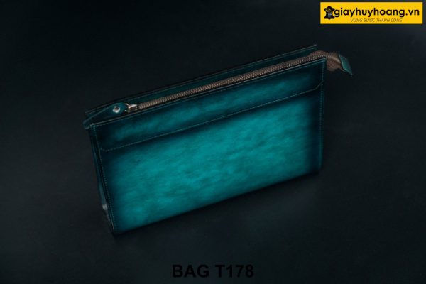 Túi ví cầm tay da bò màu xanh Patina đen T178 004