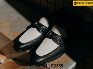Giày da lười nam da hạt màu đen trắng Loafer LF2355 001