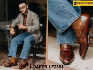 Giày lười da nam nâu phối quần jeans Loafer LF2361 005