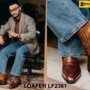 Giày lười da nam nâu phối quần jeans Loafer LF2361 005