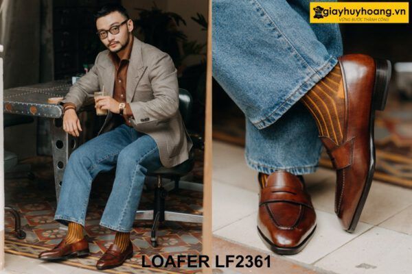 Giày lười da nam nâu phối quần jeans Loafer LF2361 005