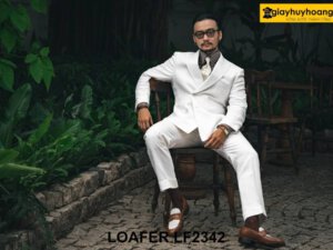 Giày da bò lười nam bò phối trắng penny Loafer LF2342 001