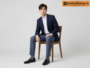 Mẫu nam mặc quần tây công sở màu xanh phối giày tây da nam lười ig400