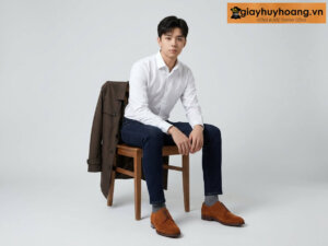 Mẫu nam mặc quần tây công sở màu xanh navy nhạt phối giày tây da nam tây derby da lộn màu bò