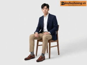 Mẫu nam mặc quần tây công sở màu kem nhạt phối giày tây da nam lười màu bò manhatan