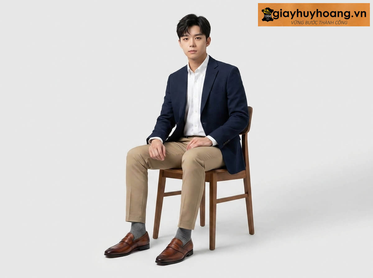 mau-mac-quan-tay-phoi-voi-giay-da-nam-luoi-loafer-manhatan-01 Mẫu nam mặc quần tây công sở màu kem nhạt phối giày tây da nam lười màu bò manhatan