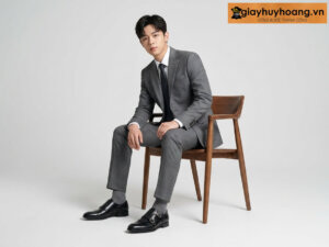 Mẫu nam mặc quần tây công sở màu xám đậm phối giày tây da nam da màu đen monkstrap dm8241
