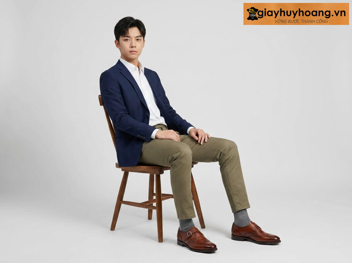 mau-mac-quan-tay-phoi-voi-giay-da-nam-monkstrap-ny313-01 Mẫu nam mặc quần tây công sở màu xanh rêu phối giày tây da nam monkstrap màu bò ny313