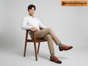 Mẫu nam mặc quần tây công sở màu nâu nhạt phối giày tây da nam da monkstrap u1942cs