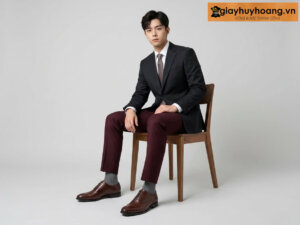 Mẫu nam mặc quần tây công sở màu đỏ đô phối giày tây da nam tây oxford hh52s76