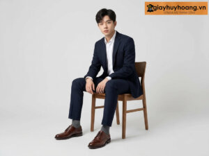 Mẫu nam mặc quần tây công sở màu xanh navy nhạt phối giày tây da nam tây derby nam hh30 màu nâu