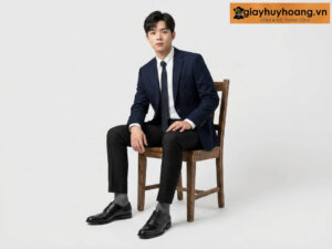 Mẫu nam mặc quần tây công sở màu đen navy nhạt phối giày tây da nam tây derby ny303gb