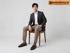 Mẫu nam mặc quần tây công sở màu nâu nhạt phối giày tây da nam lười da đan cns09 nâu