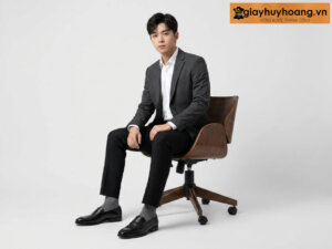Mẫu nam mặc quần tây công sở màuđen phối giày tây da nam lười da nam ig303