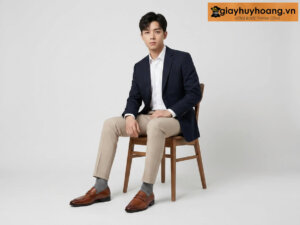 Mẫu nam mặc quần tây công sở màu kem nhạt phối giày tây da nam lười m14 màu bò