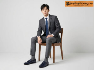 Mẫu nam mặc quần tây công sở màu xám nhạt phối giày tây da nam lười không dây loafer ig108 màu xanh navy
