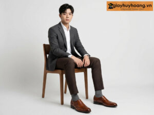 Mẫu nam mặc quần tây công sở màu nâu đậm phối giày tây da nam lười không dây loafer Jc012td màu bò
