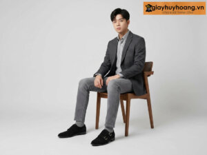 Mẫu nam mặc quần tây công sở màu xám nhạt phối giày tây da nam lười không dây monkstrap hh05s11 đen
