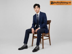 Mẫu nam mặc quần tây công sở màu xanh navy phối giày tây da nam lười loafer T13 đen
