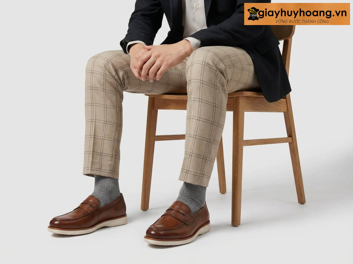 mau-mac-quan-tay-phoi-voi-giay-da-nam-luoi-loafer-t35-01 Mẫu nam mặc quần tây công sở màu kem nhạt phối giày tây da nam lười loafer t35 màu bò
