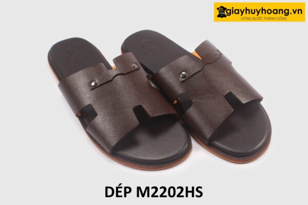 Dép da nam chữ H màu nâu Saffiano loafer M2202HS 003