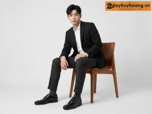 Mẫu nam mặc quần tây công sở màu đen phối giày tây da nam derby màu đen d0123