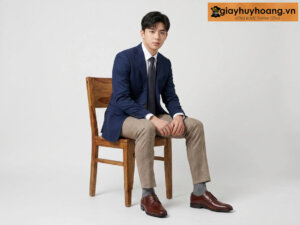 Mẫu nam mặc quần tây công sở màu kem phối giày tây da nam derby màu nâu d0123