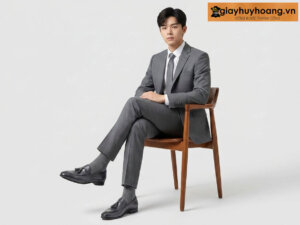 Mẫu nam mặc quần tây công sở màu xám đậm phối giày tây da nam lười không dây loafer M1930 màu xám