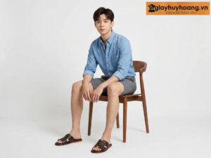 Mẫu nam mặc quần tây công sở màu kem nhạt phối giày tây da nam lười không dây loafer hh2202hs màu nâu