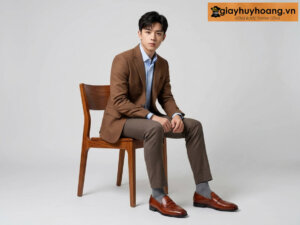 Mẫu nam mặc quần tây công sở màu nâu nhạt phối giày tây da nam lười không dây loafer mmrl0123 màu nâu