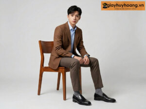 Mẫu nam mặc quần tây công sở màu nâu đậm phối giày tây da nam lười không dây loafer Mmrl0123 đen