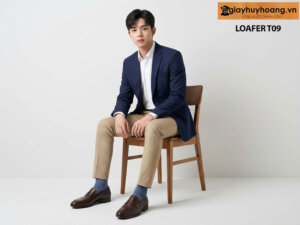 Mẫu nam mặc quần áo màu kem begie phối với giày lười loafer công sở màu nâu t09 giayhuyhoang