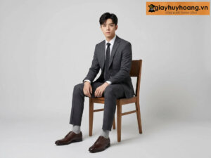 Mẫu nam mặc quần tây công sở màu xám đậm phối giày tây da nam derby màu nâu m21db003m